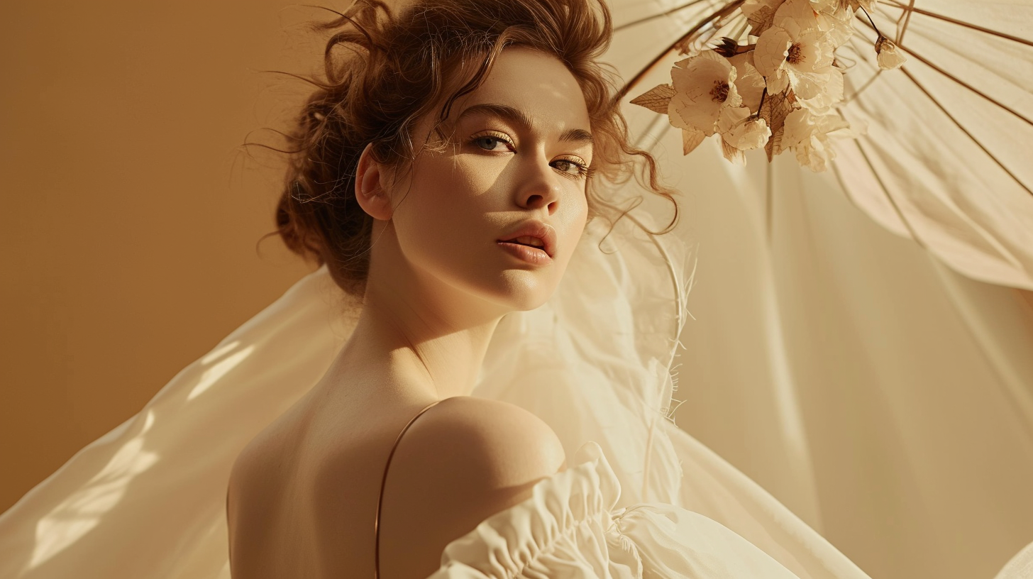 Beautiful woman posing in studio with beige colors surreal