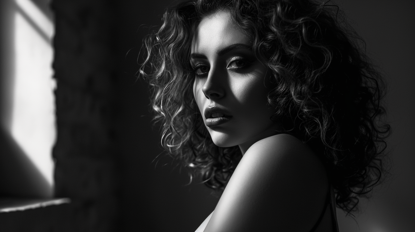 Beautiful woman in surreal black and white photo studio