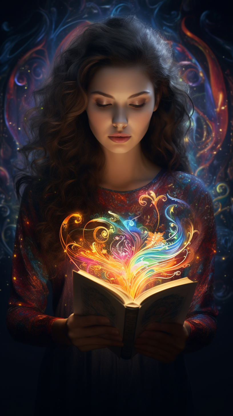 Glowing woman engrossed in a magical book