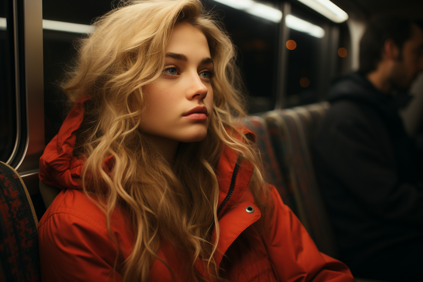 Woman looking out train window