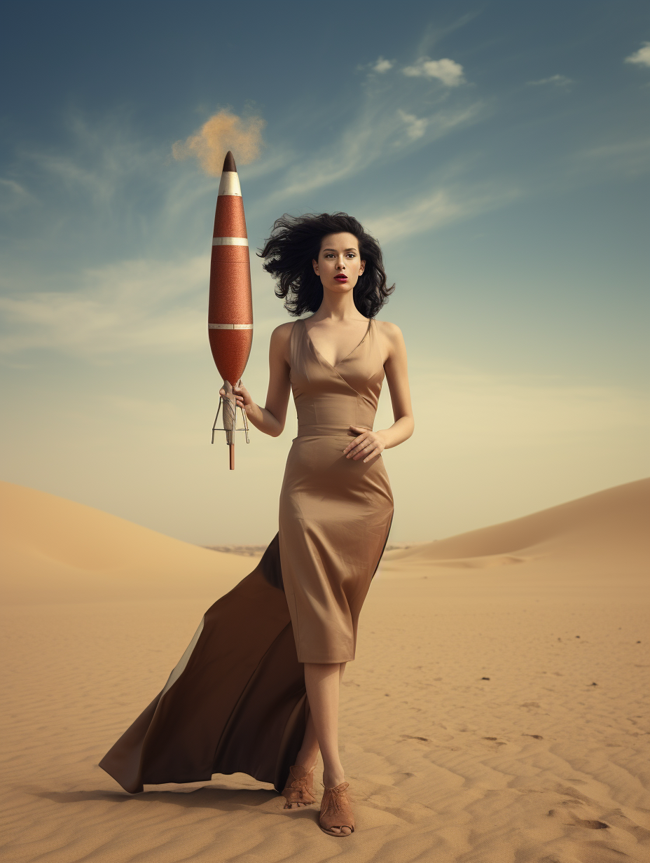 Smiling woman with rocket in desert