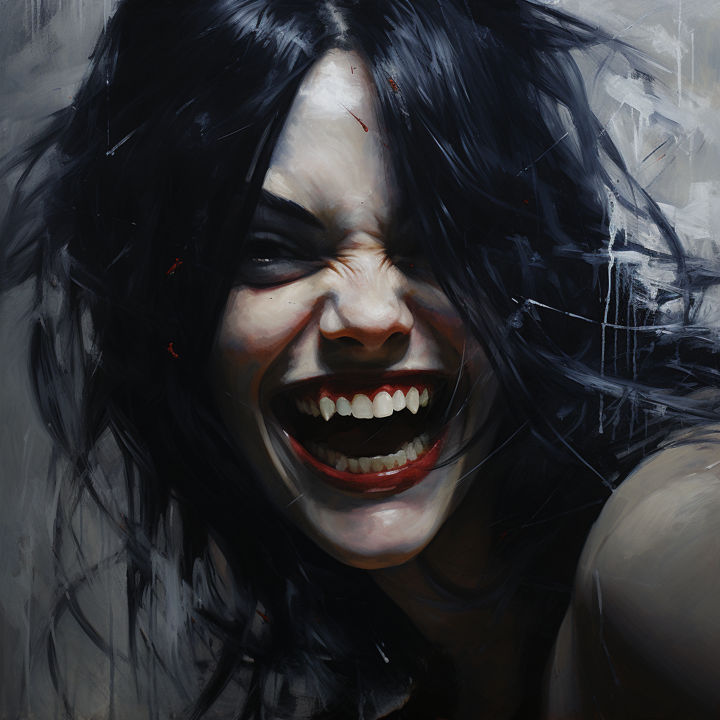 Beautiful woman with sharp fangs smiling mysteriously