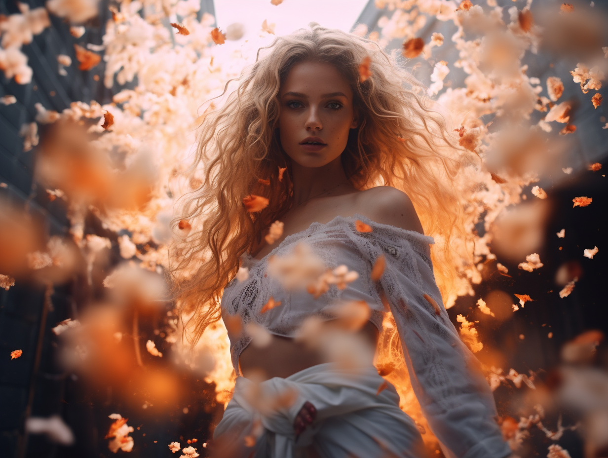 Stunning woman surrounded by swirling flowers and fire