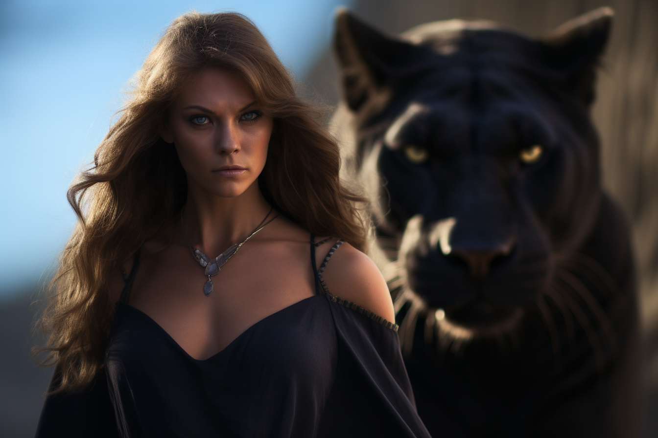 Beautiful woman walking with a black panther