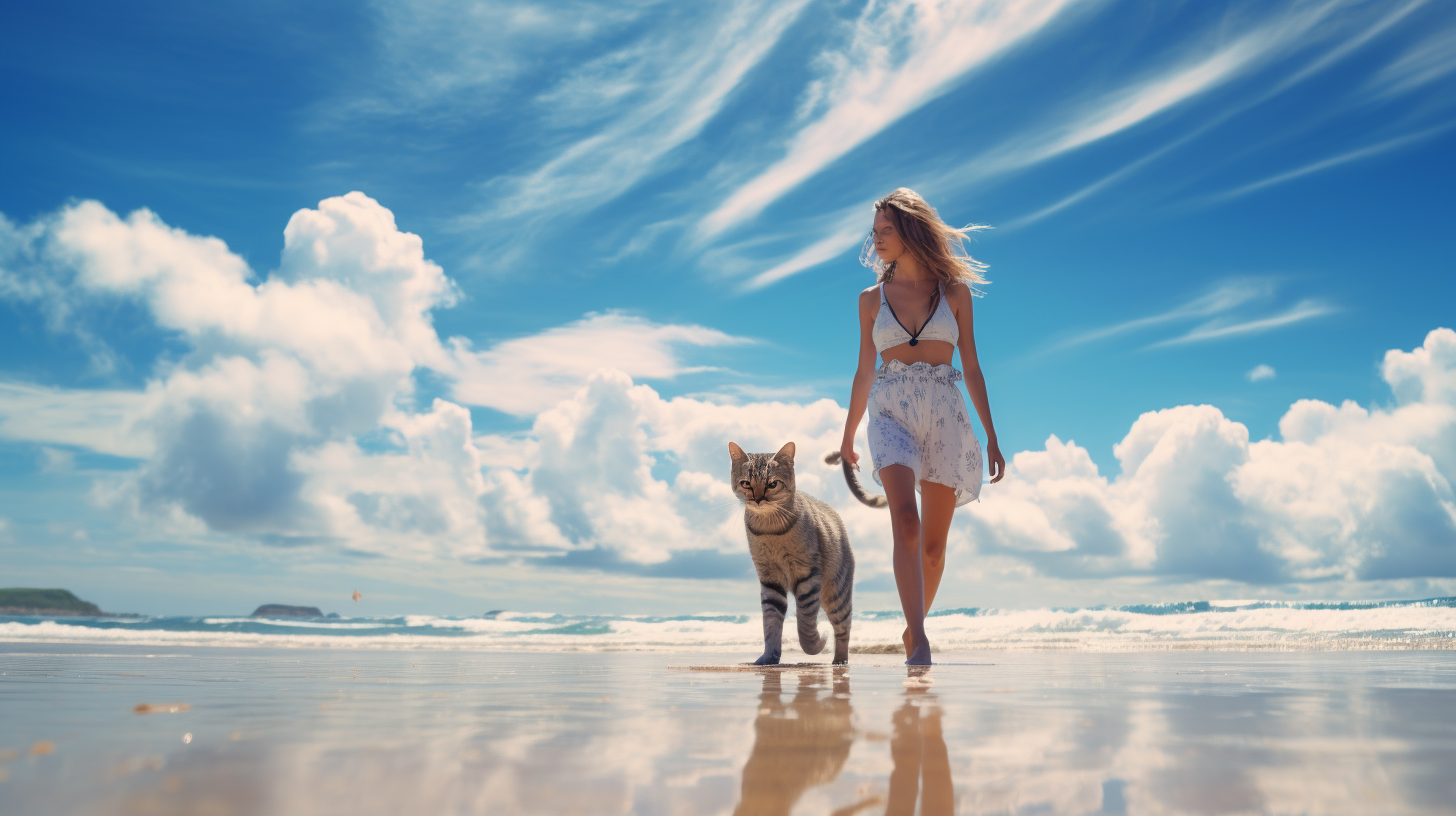 Stunning woman walking cat on Bali beach