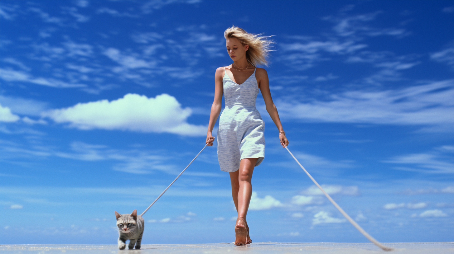 Woman walking cat on Bali beach