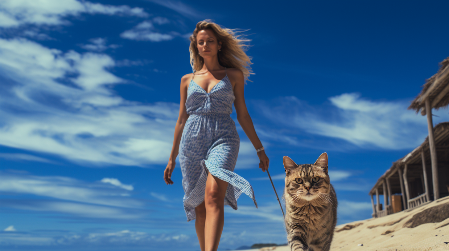 Gorgeous woman walking cat on Bali beach