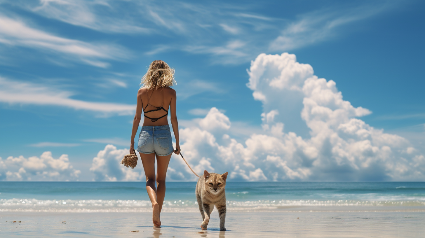 Stunning woman walking cat on Bali beach