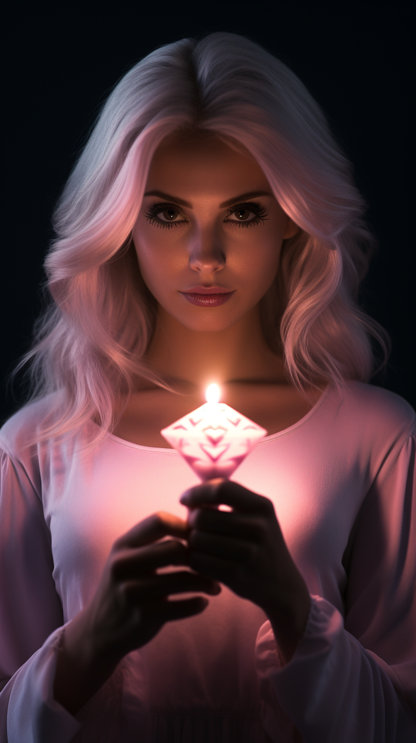 Stunning Woman with White Hair and Candle Symbol