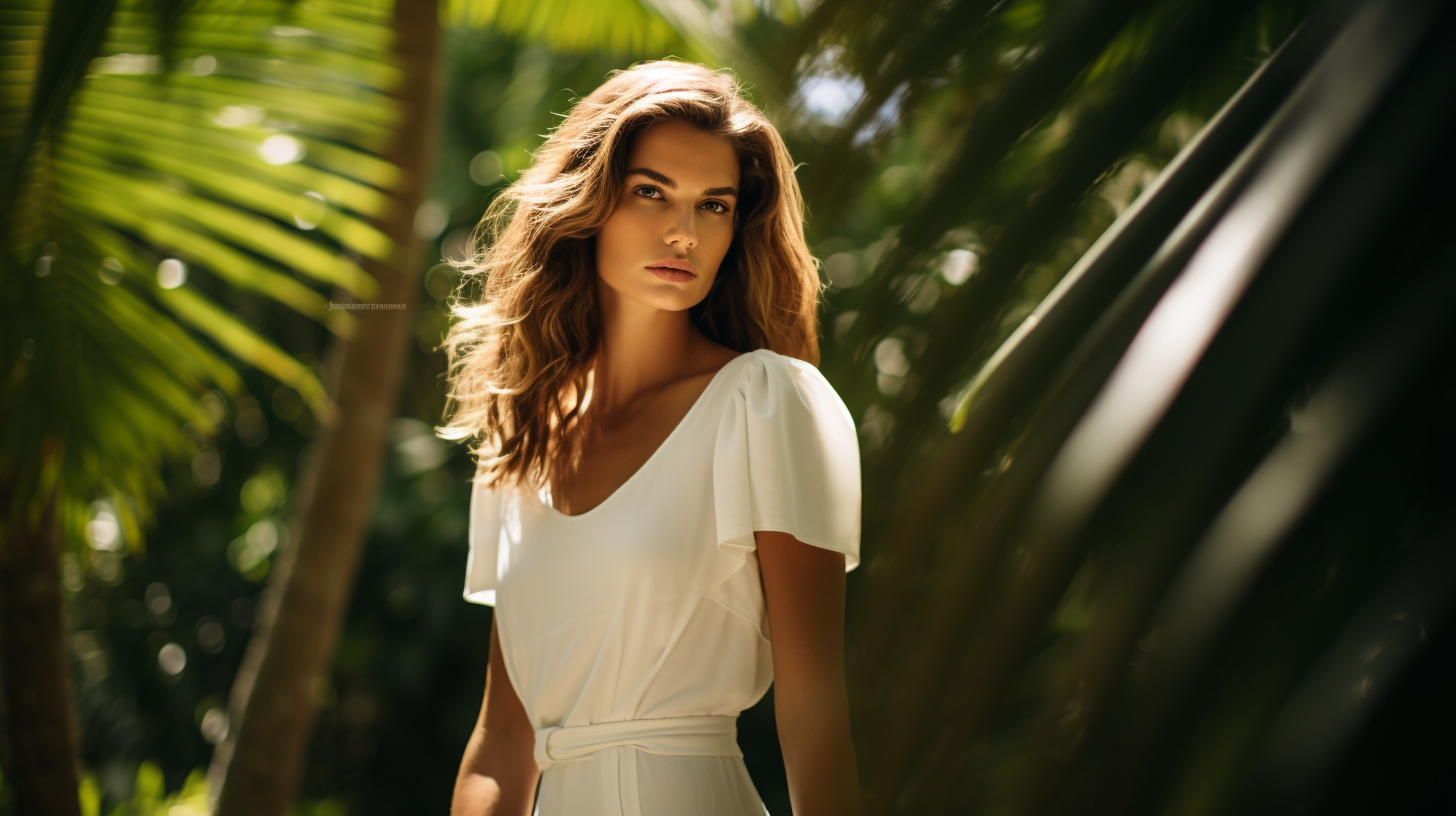 Beautiful woman in white linens dress peering behind leaves