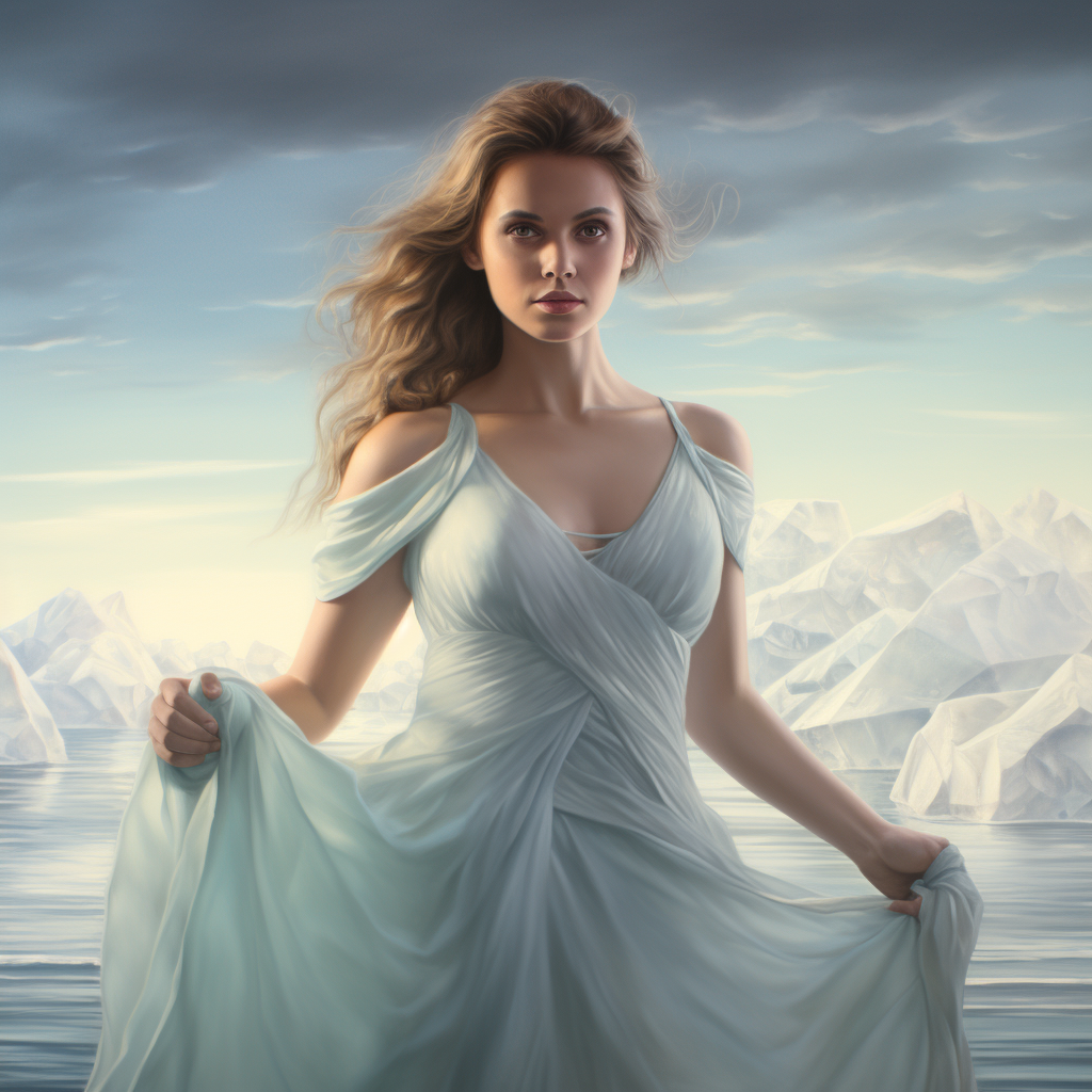 Beautiful woman in white summer dress with icebergs