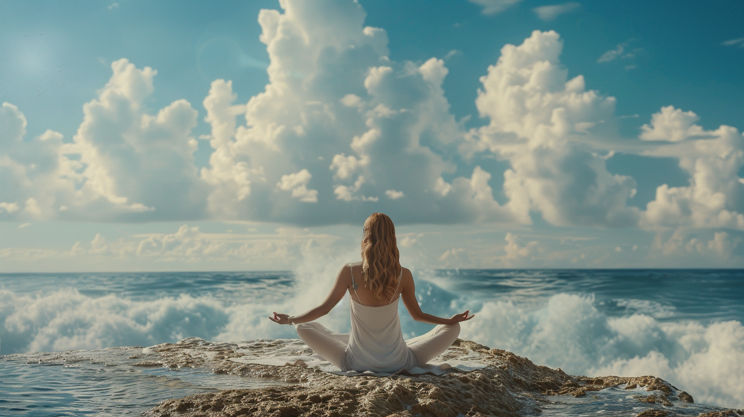 Woman doing yoga by ocean