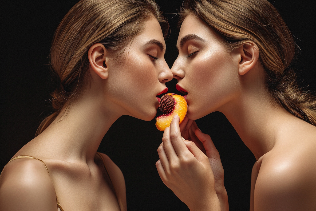 Two beautiful women enjoying a juicy peach slice