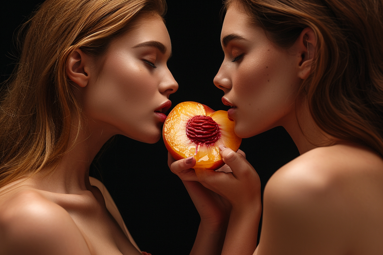 Two women sharing a juicy peach