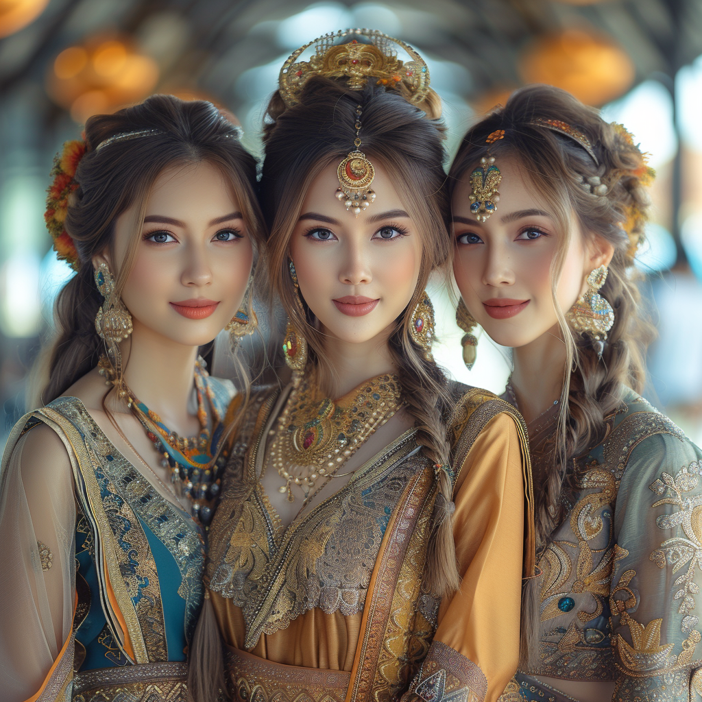 Women in Thai Traditional Clothes on Road