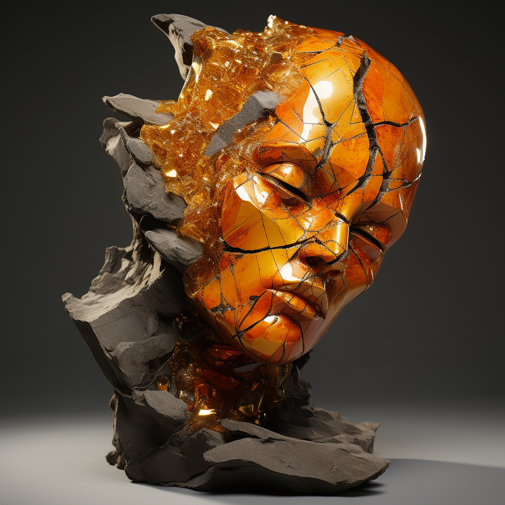 Intriguing face sculpture with golden cracks