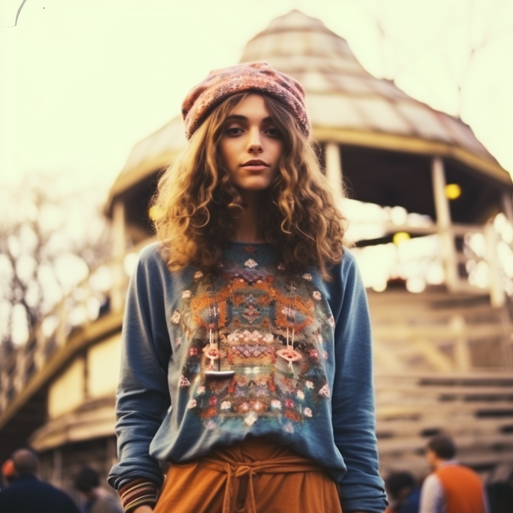 Analog image of a beautiful young hippie woman in Tomorrowland