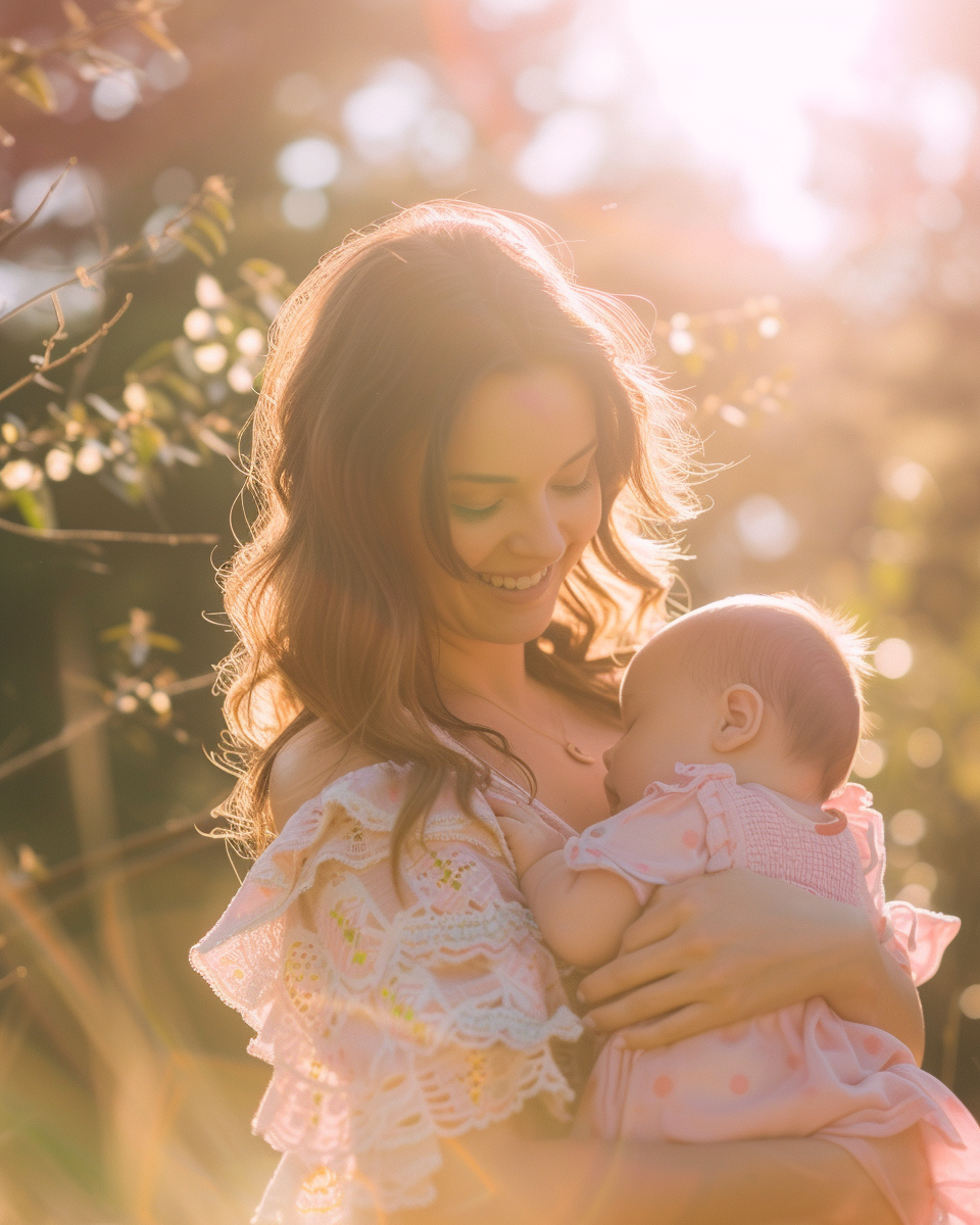 Joyful young mother and new baby in sunlight