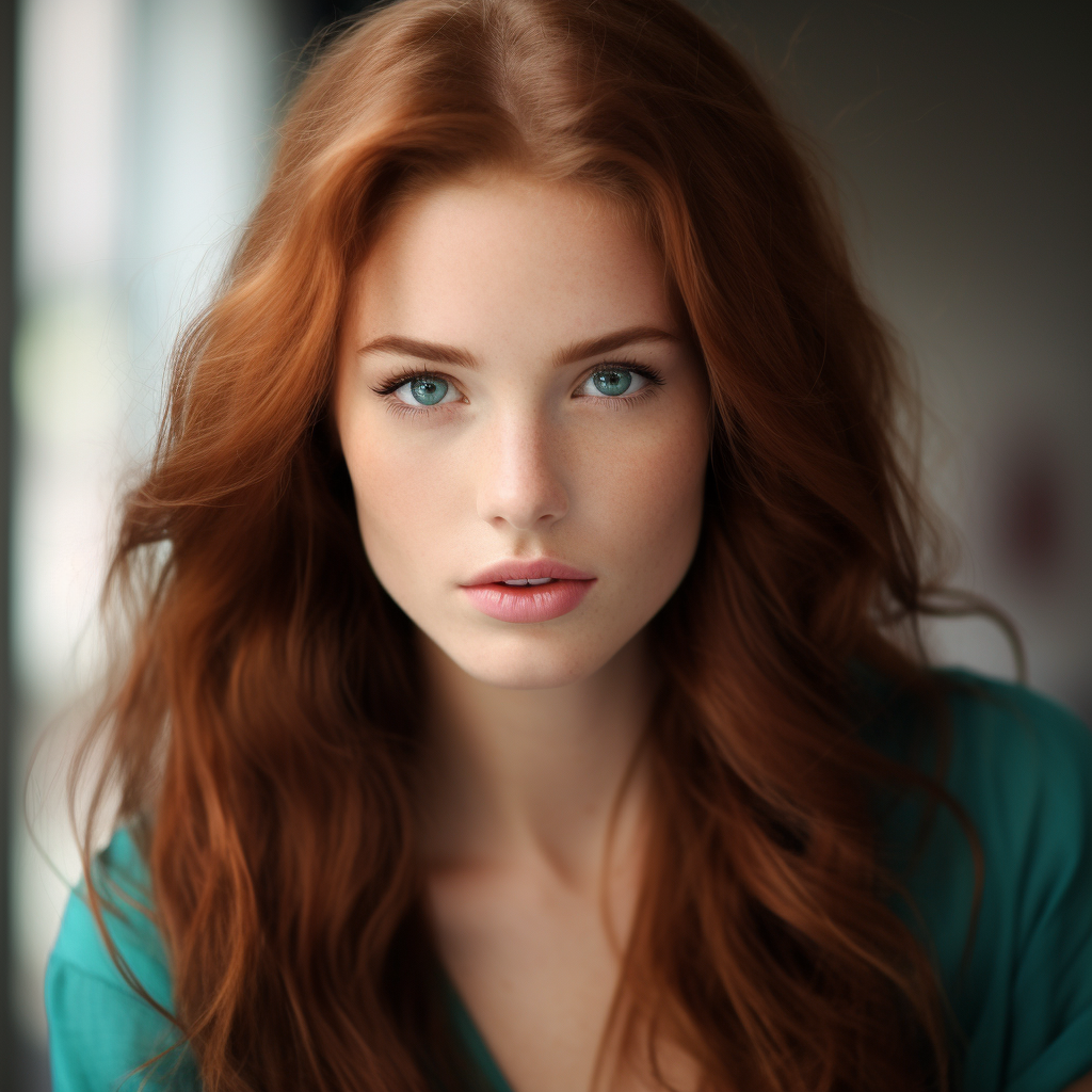 Woman with Dark Copper Brown Hair and Teal Eyes