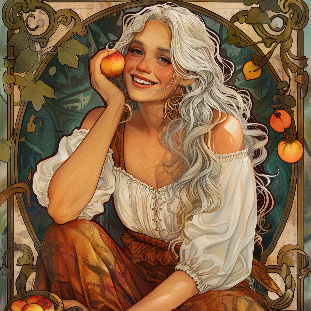 Woman with silver hair eating fruit