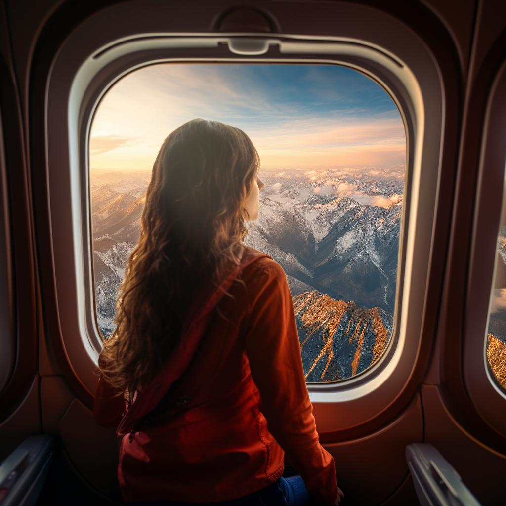 Woman admiring stunning airplane landscape through window