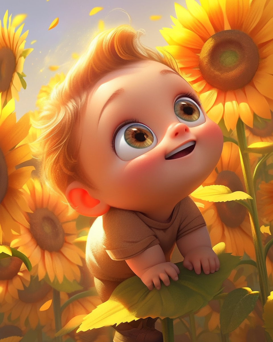 Adorable baby holding sunflower in forest