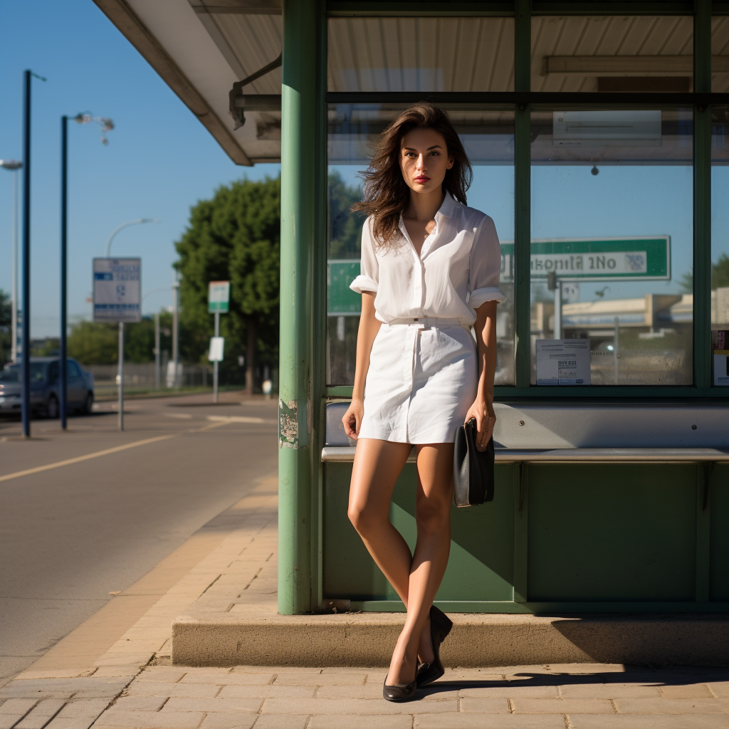 Elegant brunet woman at bus stop