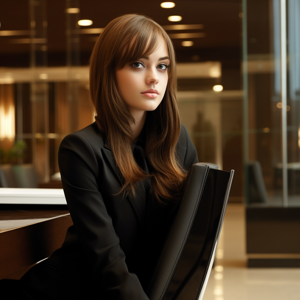 Beautiful girl with brown hair at hotel reception