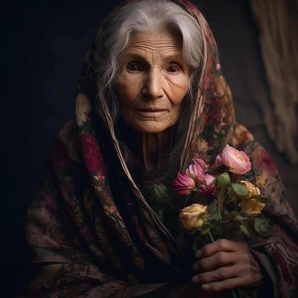 Woman wearing a beautiful long dress with rare flowers