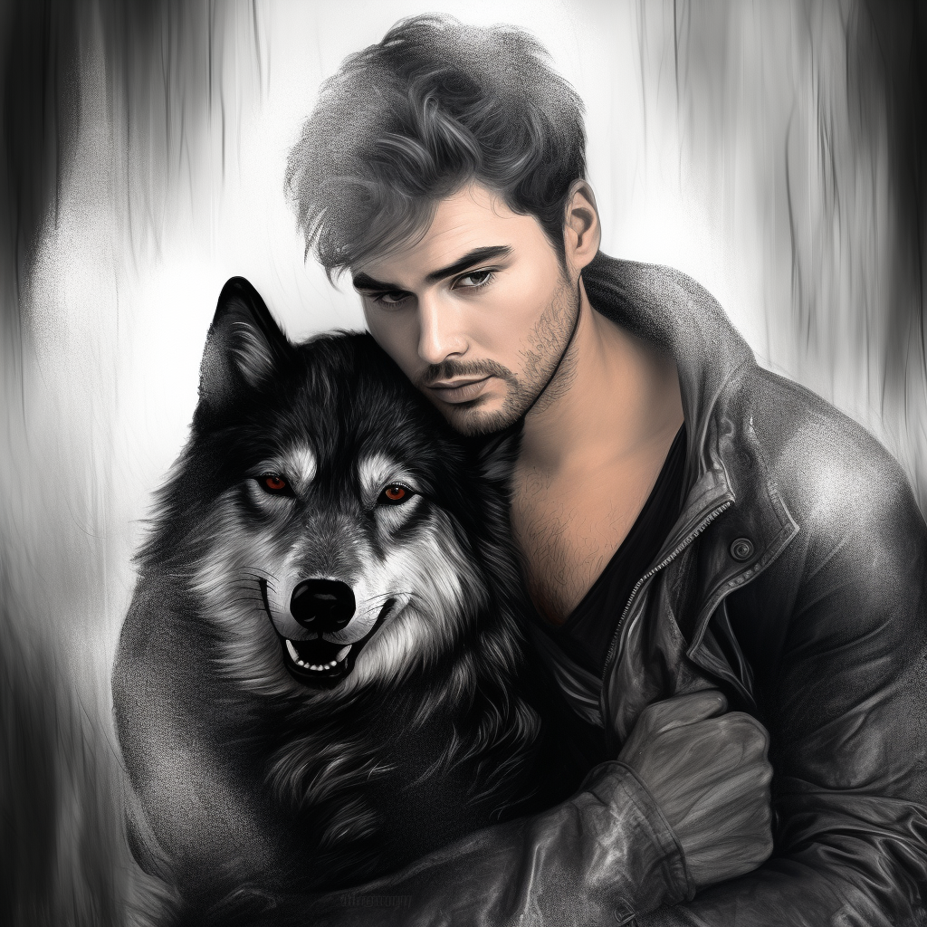 Dark man holding black wolf