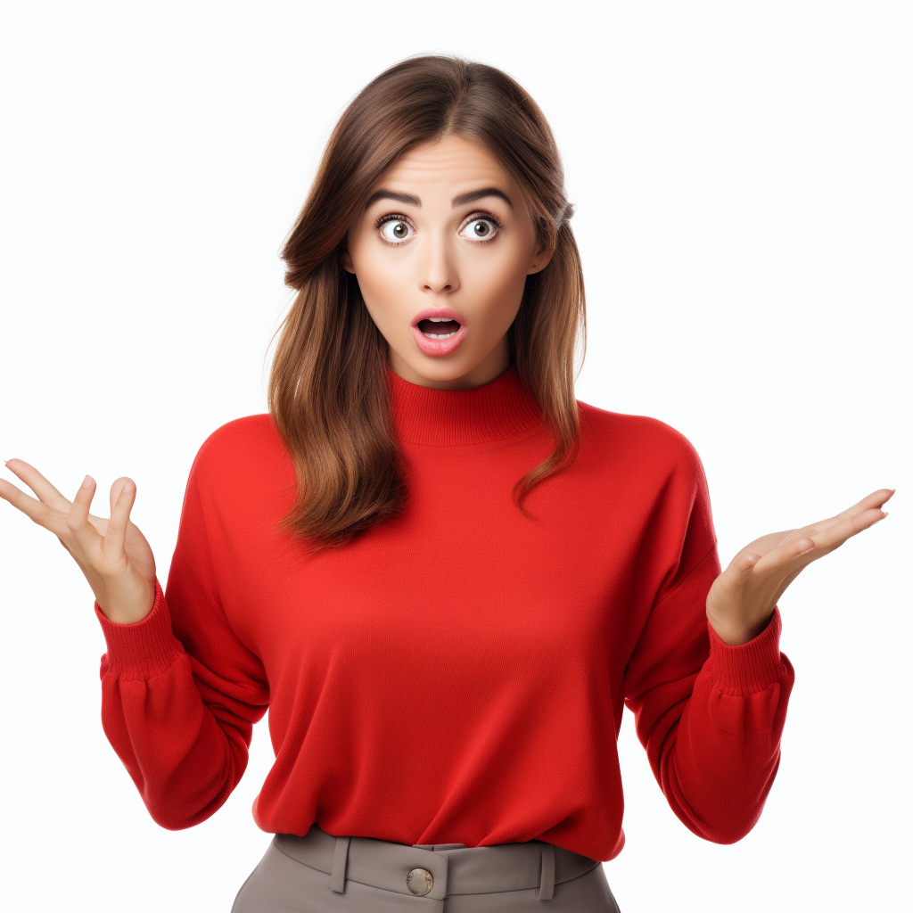 Surprised girl in red clothes pointing right