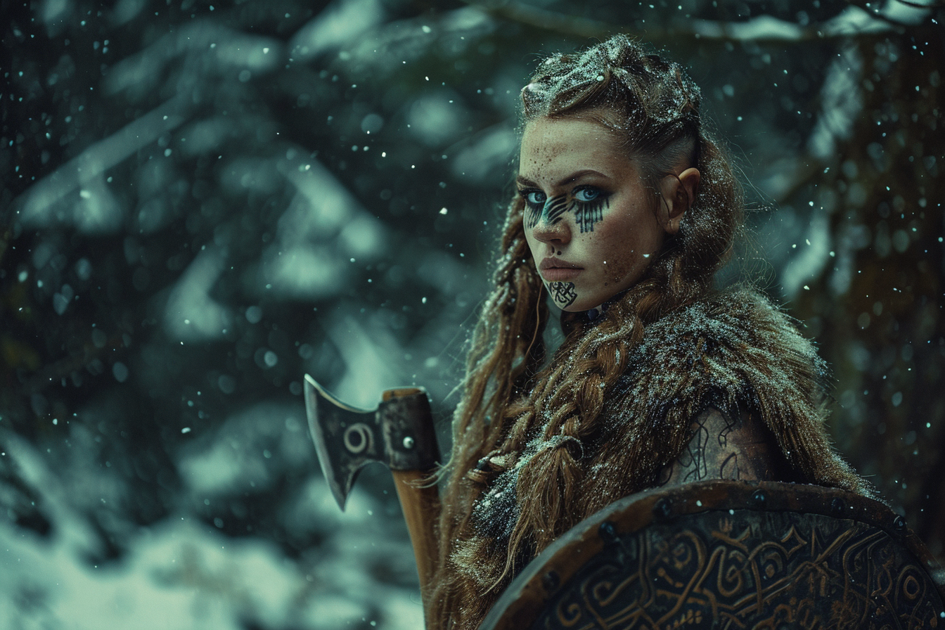 Viking shield maiden with hand axe in snowy forest