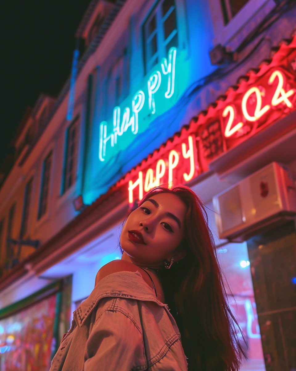 Gorgeous woman in front of neon building