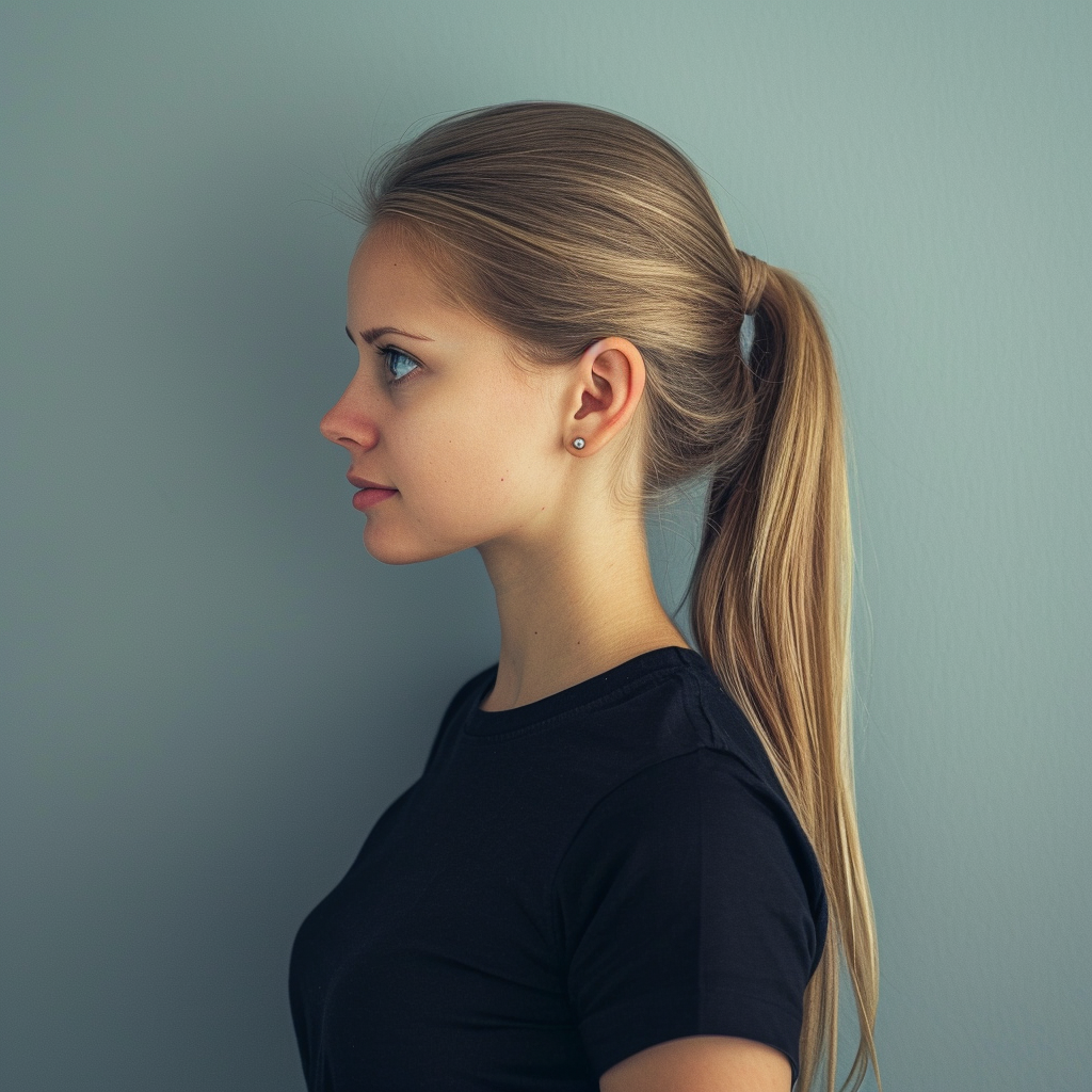 Beautiful woman with blonde hair and pearls