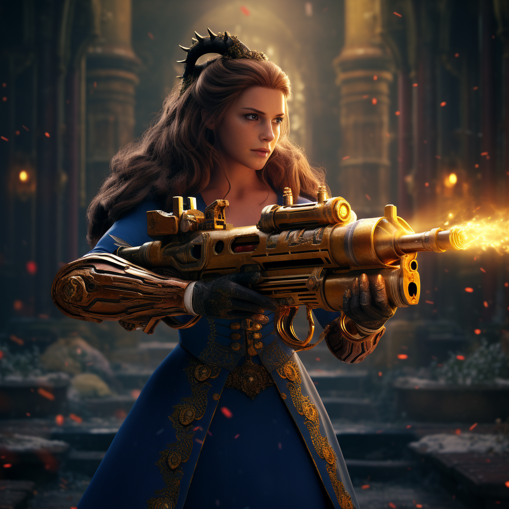 Disney's Beauty and the Beast with Futuristic Railgun Rifle