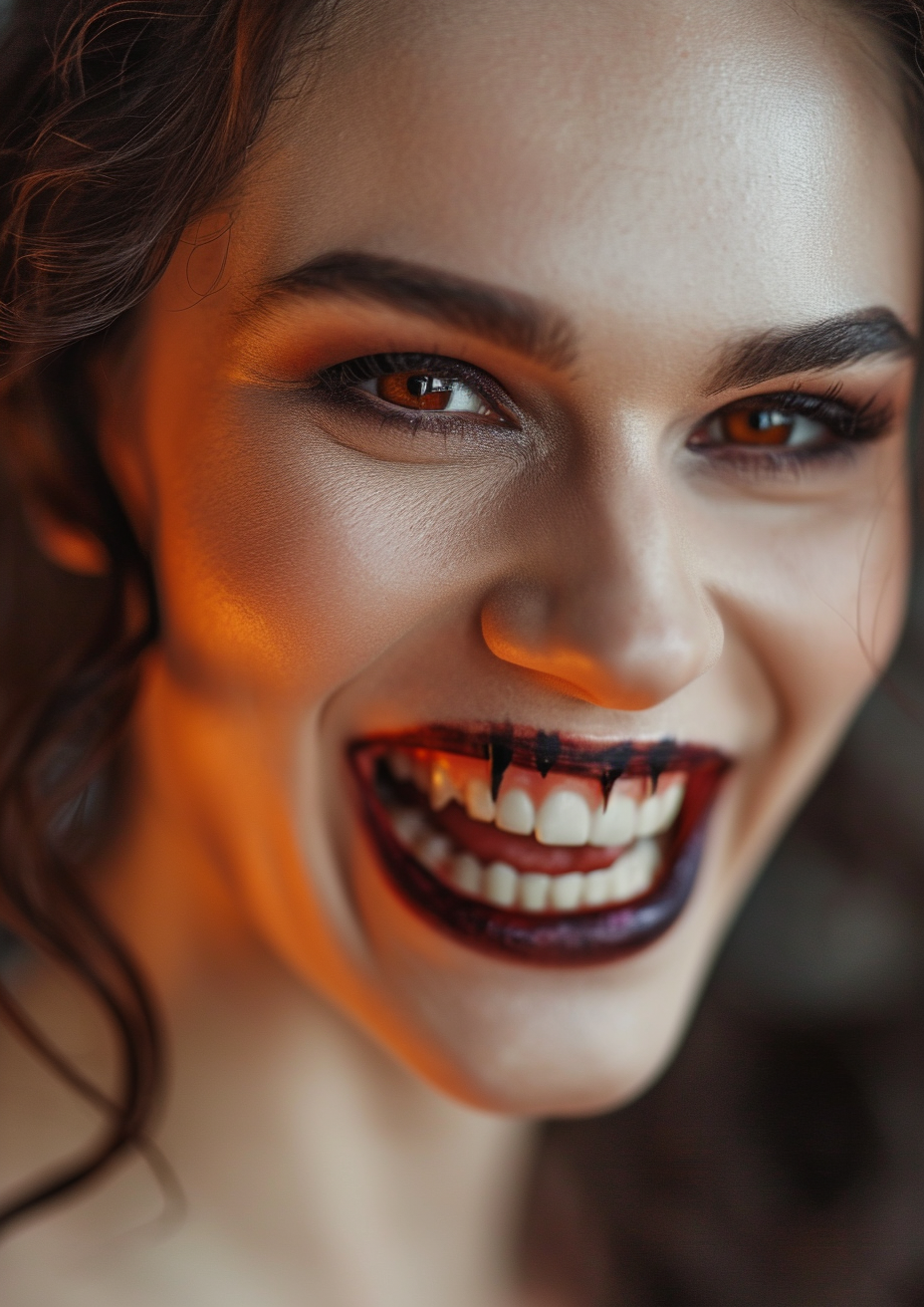 Close up of stunning model with vampire fangs