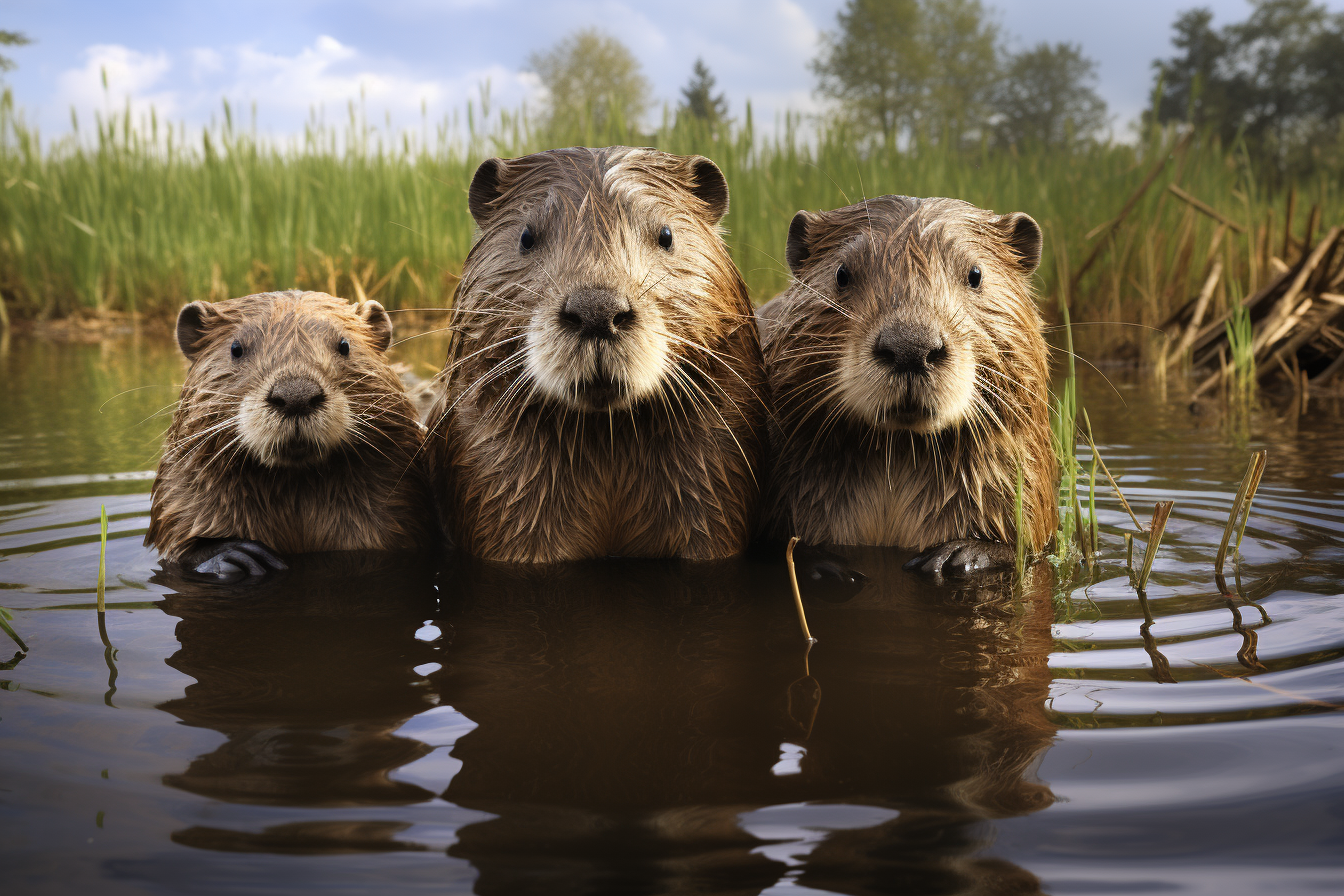 Beaver family portrait with intricate details in high resolution