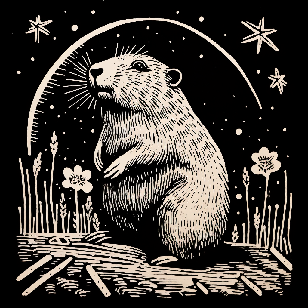 Black and white beaver with night sky linoleum stamp