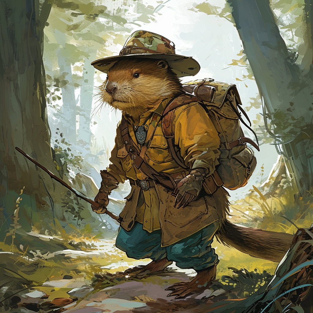 Concept art of a Beaver in a ranger outfit in a forest