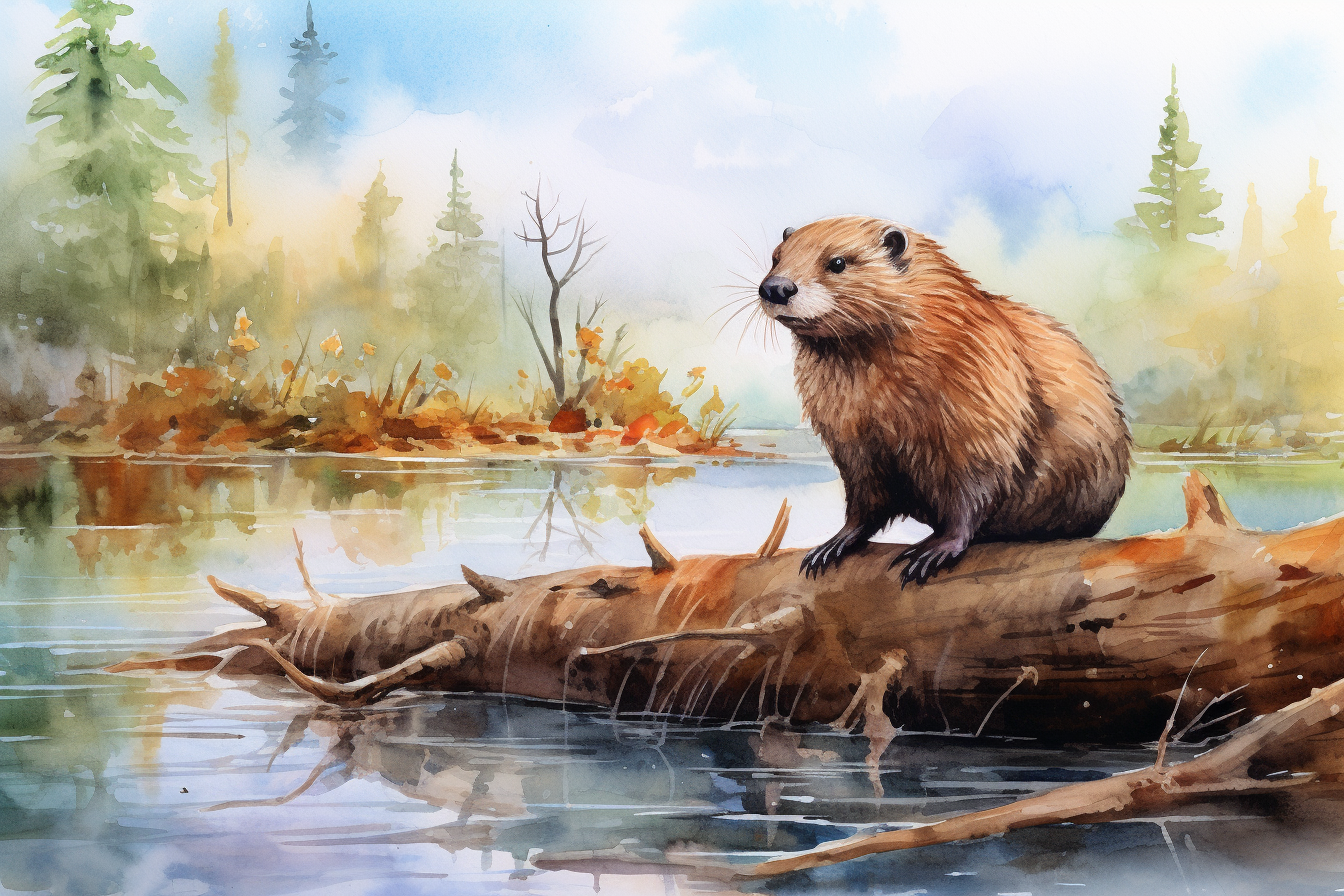 Beaver standing on hind legs by a fallen tree at the edge of a lake