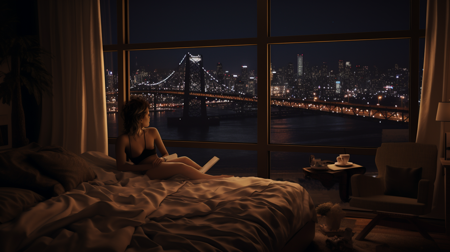 Woman reading in bed under the night sky