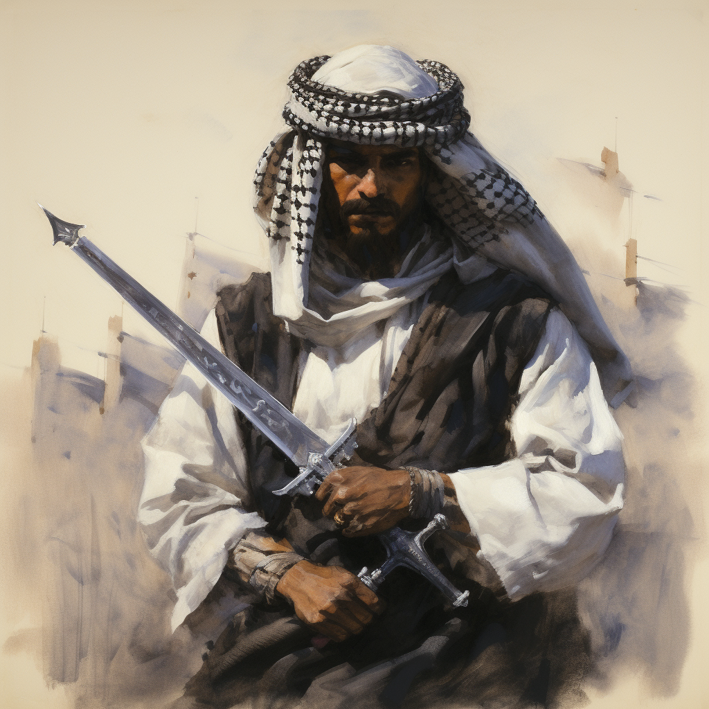 Bedouin with Arabic sword in desert