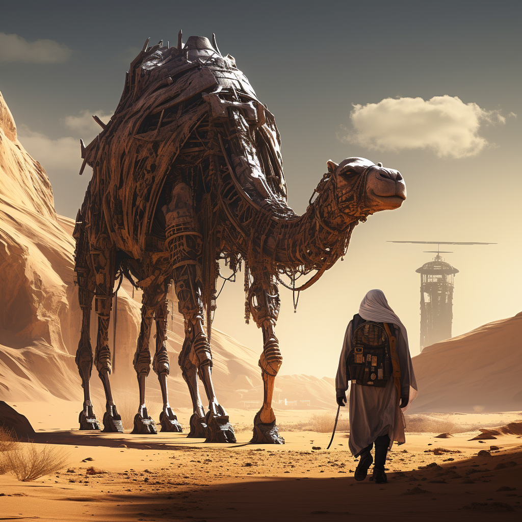 Bedouin walking in front of Maschine camel on desert planet