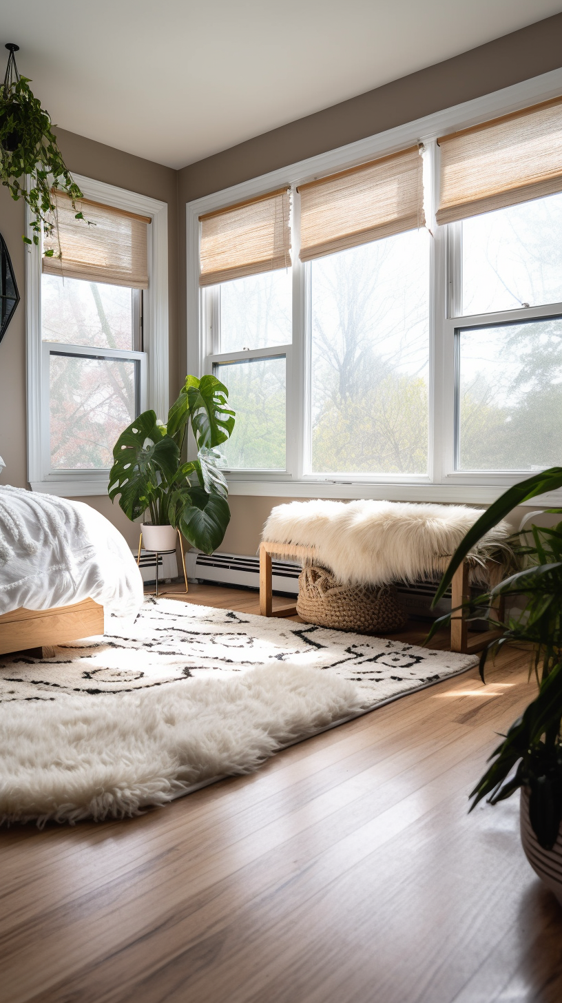 Interior of bedroom with white area rug