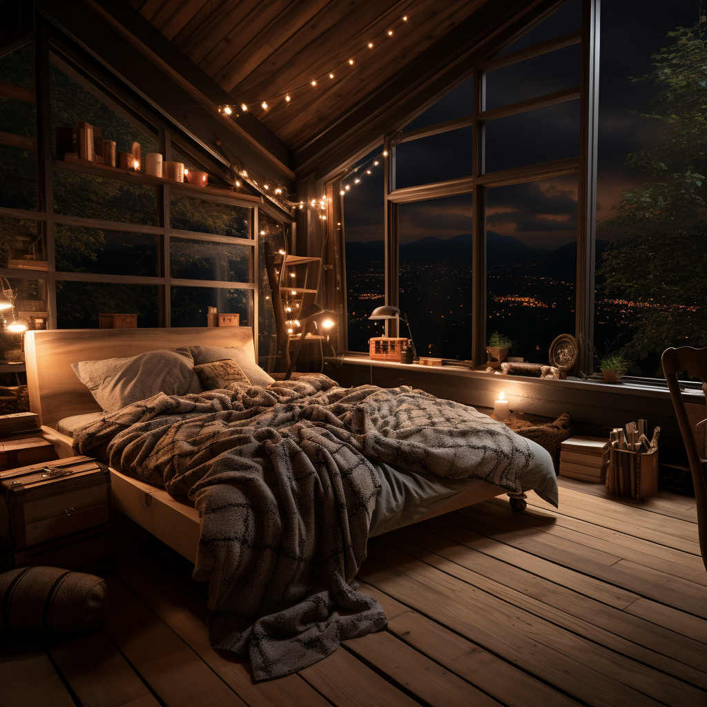 Cozy bedroom with wooden floor and big window at night