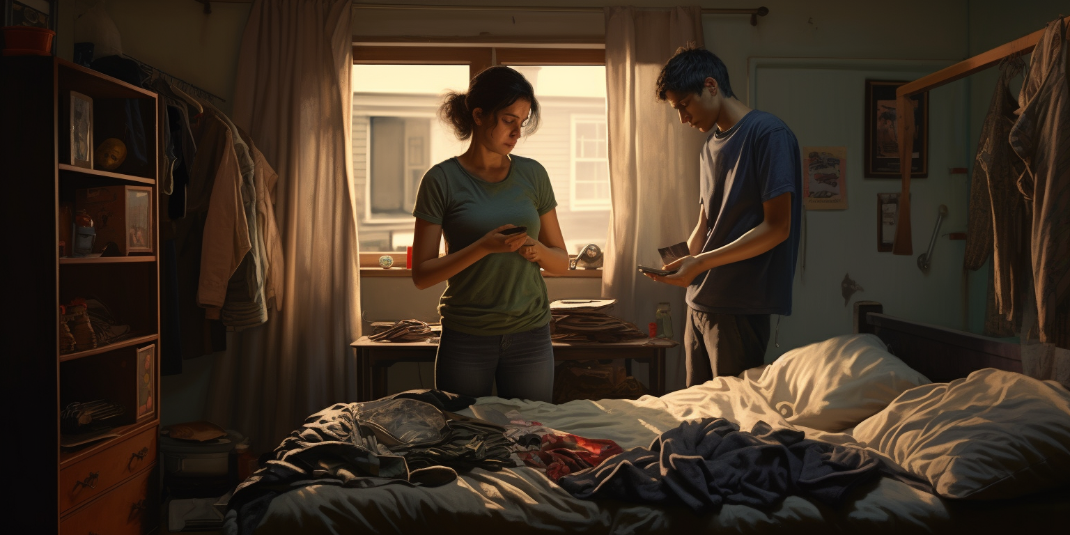 Young boy watching sister pack for university