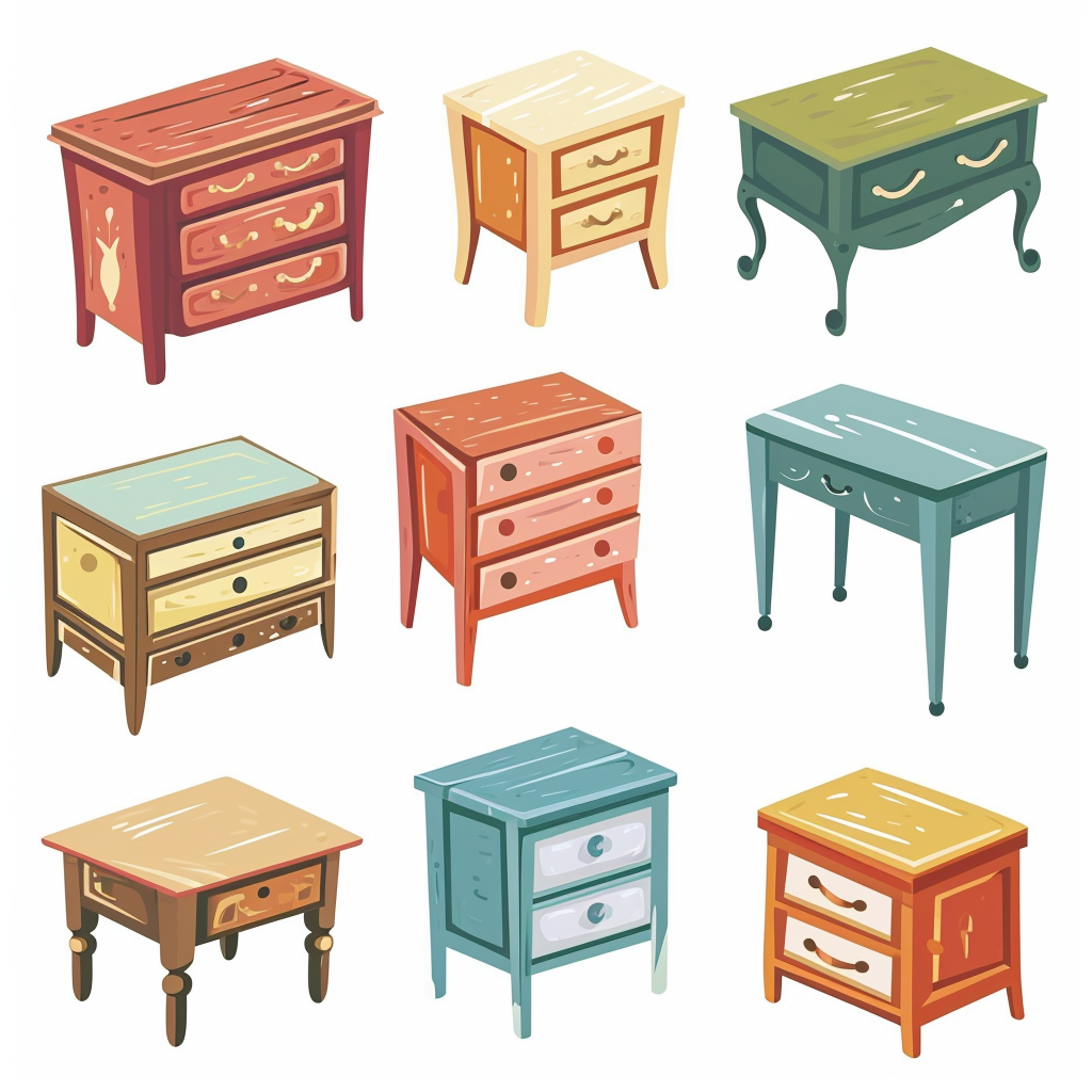 Cartoon-style bedside tables in desaturated colors