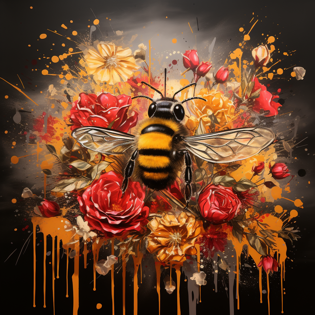 Honey bee with Banksy art deco flowering rose