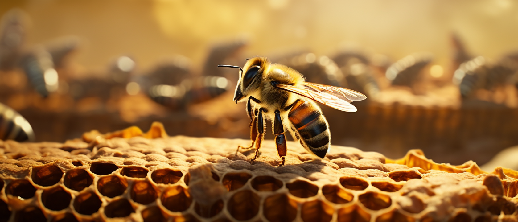 Small bee exploring honeycomb cells