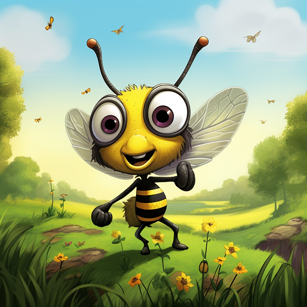 Adorable bee with sharp stinger in green field